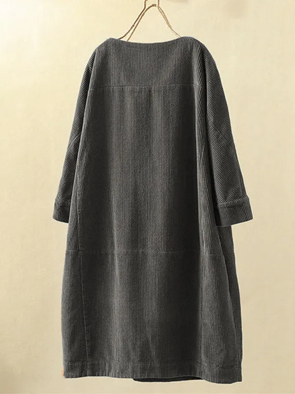 Corduroy Retro Dress with Pockets and Three-Quarter Sleeves