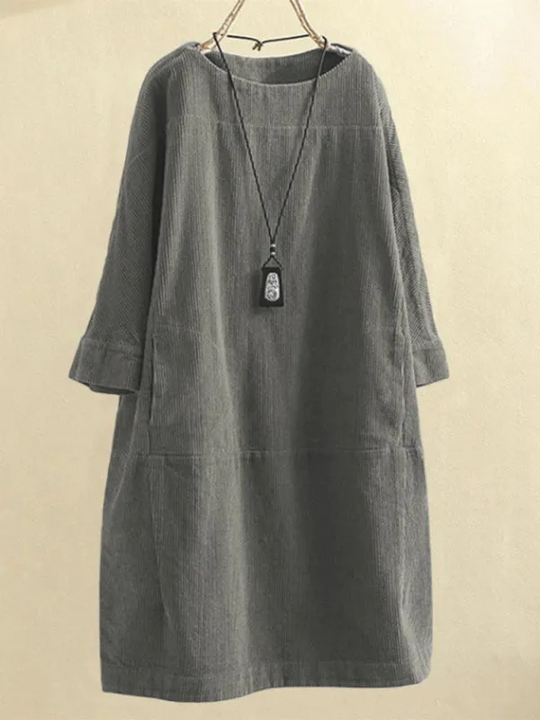 Corduroy Retro Dress with Pockets and Three-Quarter Sleeves