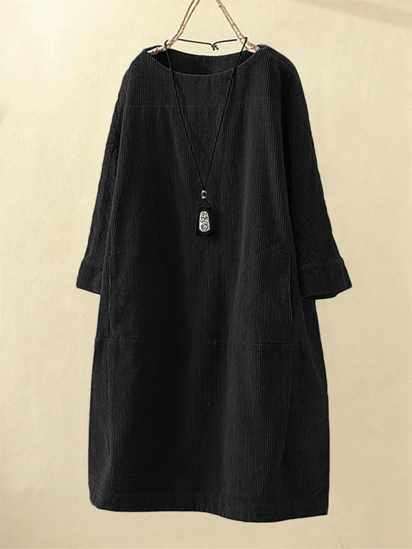 Corduroy Retro Dress with Pockets and Three-Quarter Sleeves