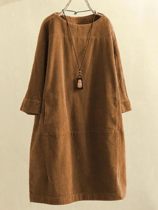 Corduroy Retro Dress with Pockets and Three-Quarter Sleeves