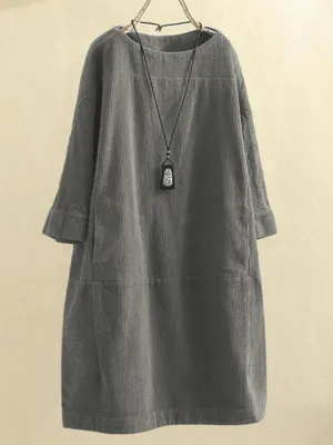 Corduroy Retro Dress with Pockets and Three-Quarter Sleeves