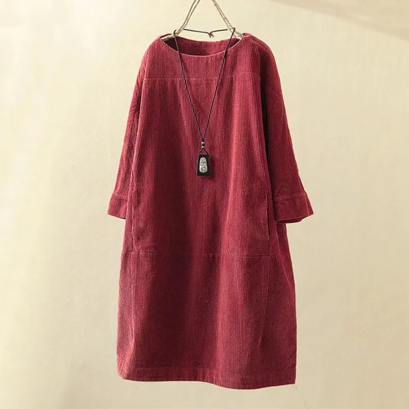 Corduroy Retro Dress with Pockets and Three-Quarter Sleeves