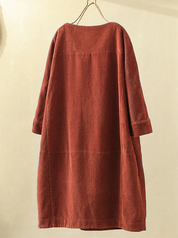 Corduroy Retro Dress with Pockets and Three-Quarter Sleeves