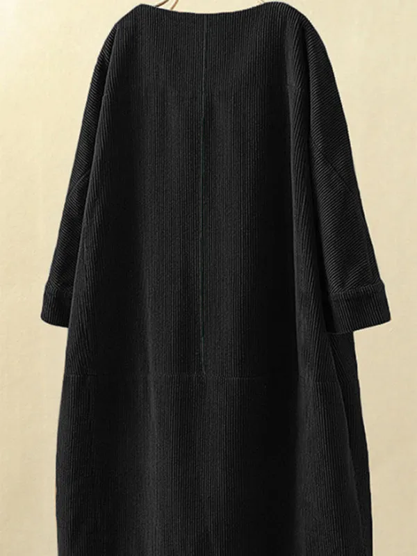 Corduroy Retro Dress with Pockets and Three-Quarter Sleeves