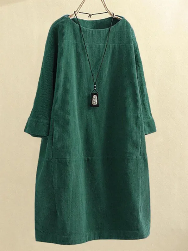 Corduroy Retro Dress with Pockets and Three-Quarter Sleeves