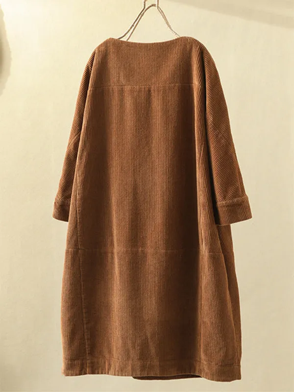 Corduroy Retro Dress with Pockets and Three-Quarter Sleeves