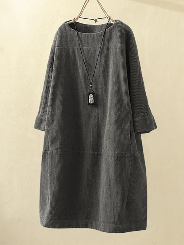 Corduroy Retro Dress with Pockets and Three-Quarter Sleeves