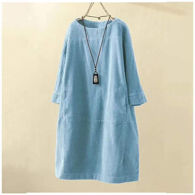 Corduroy Retro Dress with Pockets and Three-Quarter Sleeves