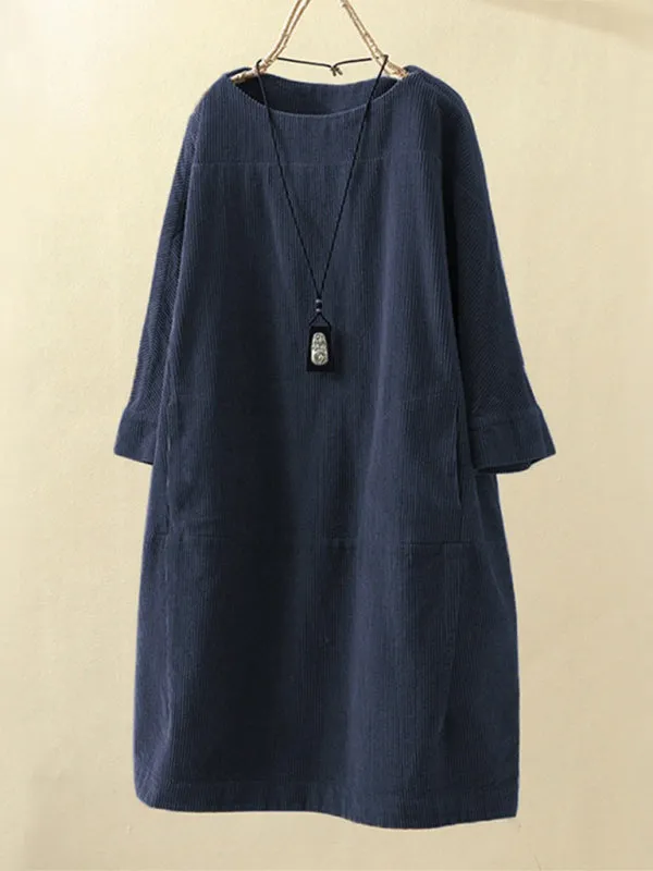 Corduroy Retro Dress with Pockets and Three-Quarter Sleeves