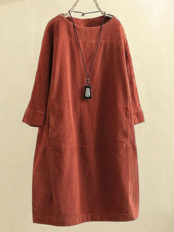 Corduroy Retro Dress with Pockets and Three-Quarter Sleeves