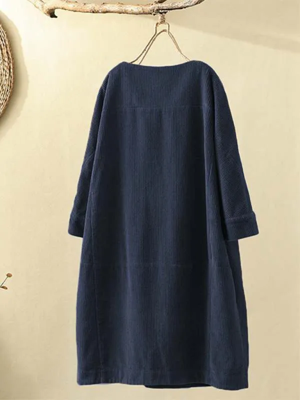 Corduroy Retro Dress with Pockets and Three-Quarter Sleeves