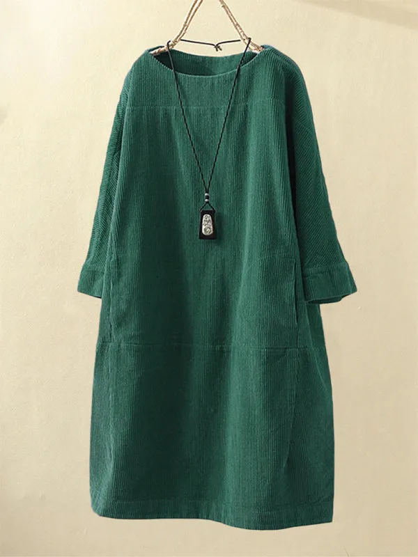 Corduroy Retro Dress with Pockets and Three-Quarter Sleeves