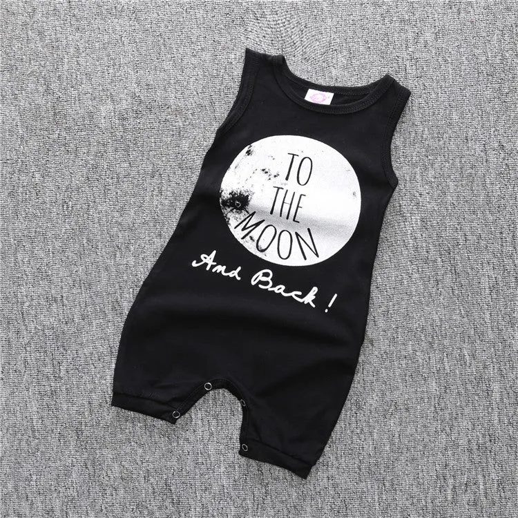 Cotton sleeveless Baby Cropped leg Edgy unisex "To the Moon and Back" baby Romper in Black