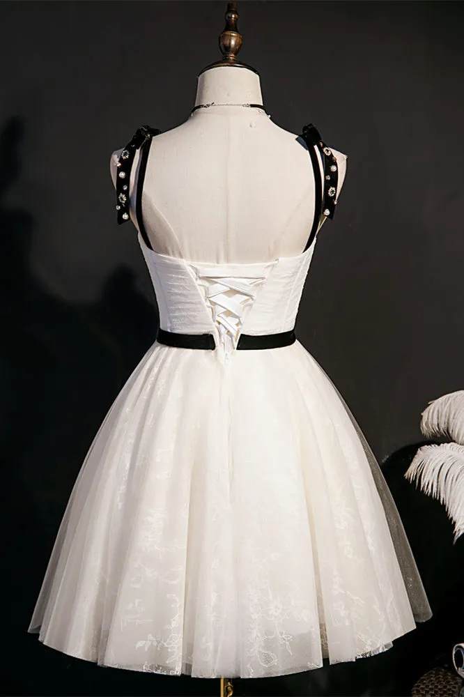 Cream A-line Short Party Dress with Black Buttons and Sash