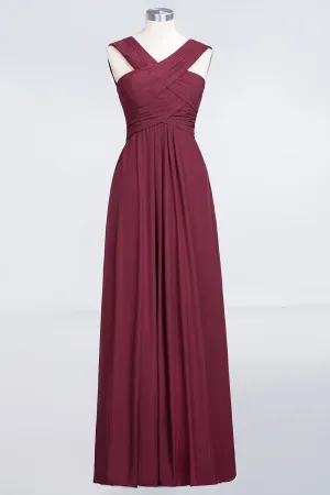 Cross Front Burgundy Chiffon A-line Long Bridesmaid Dress