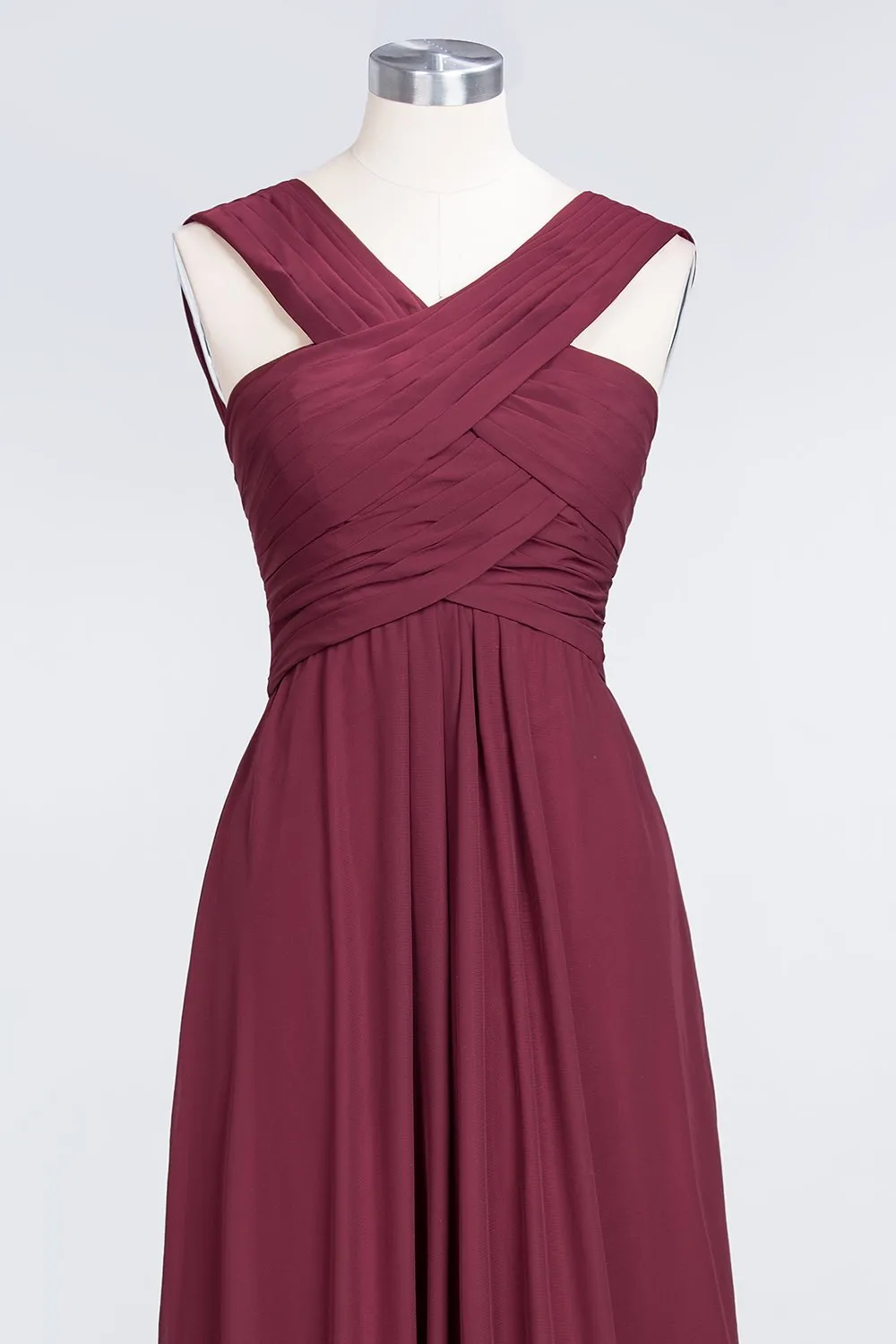 Cross Front Burgundy Chiffon A-line Long Bridesmaid Dress