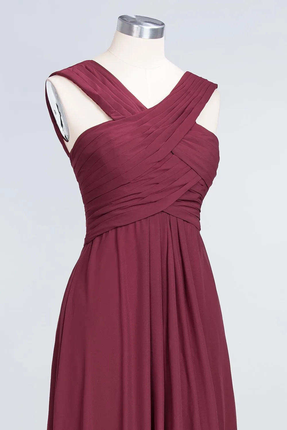Cross Front Burgundy Chiffon A-line Long Bridesmaid Dress