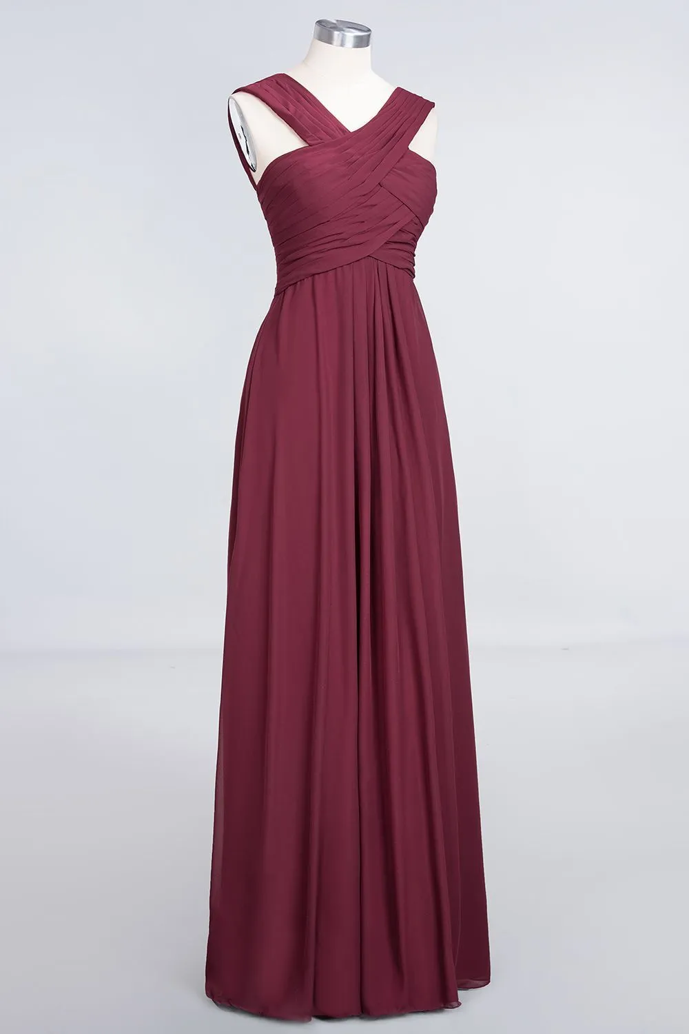 Cross Front Burgundy Chiffon A-line Long Bridesmaid Dress