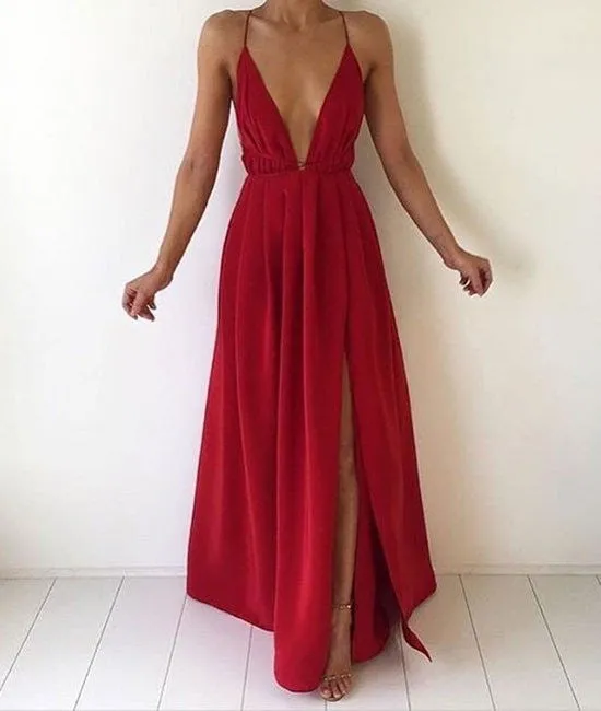 Custom Made A Line Backless Red Long Prom Dresses, Sexy Evening Dresses