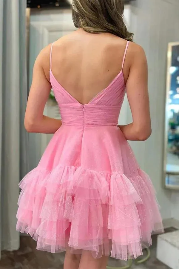 Cute Pink Tulle A-line Spaghetti Straps Short Homecoming Dresses, MH651