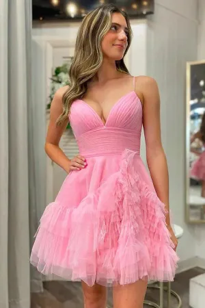 Cute Pink Tulle A-line Spaghetti Straps Short Homecoming Dresses, MH651