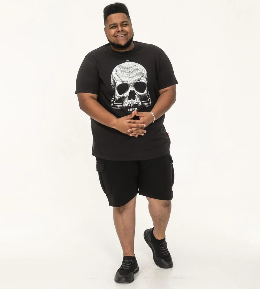 D555 HUCKNALL Skull Monochrome Print Crew Neck T-shirt For Men in Washed Black, 2XL-8XL