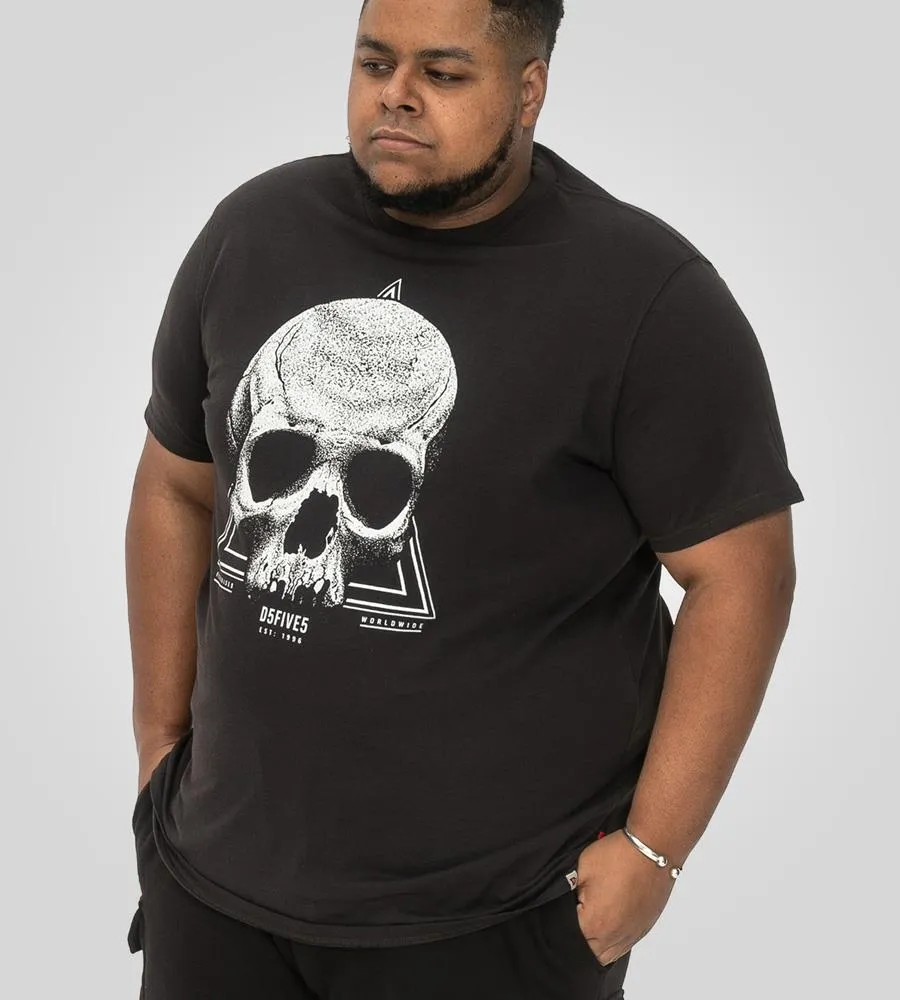 D555 HUCKNALL Skull Monochrome Print Crew Neck T-shirt For Men in Washed Black, 2XL-8XL