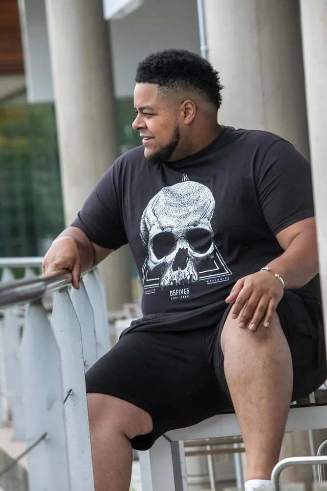 D555 HUCKNALL Skull Monochrome Print Crew Neck T-shirt For Men in Washed Black, 2XL-8XL
