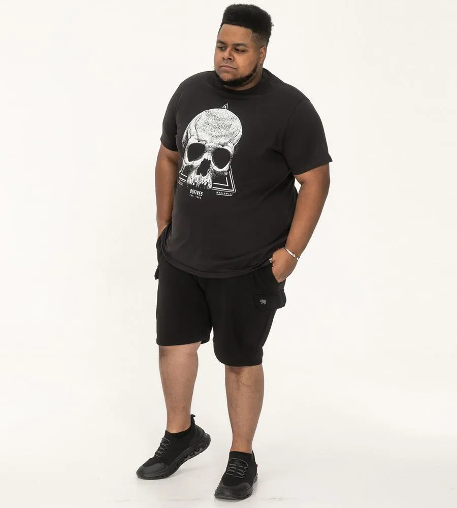 D555 HUCKNALL Skull Monochrome Print Crew Neck T-shirt For Men in Washed Black, 2XL-8XL