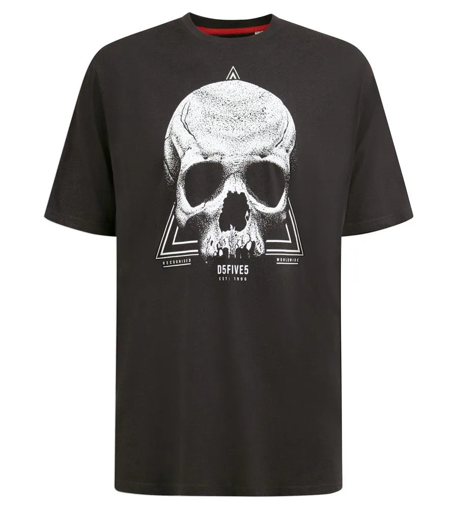D555 HUCKNALL Skull Monochrome Print Crew Neck T-shirt For Men in Washed Black, 2XL-8XL