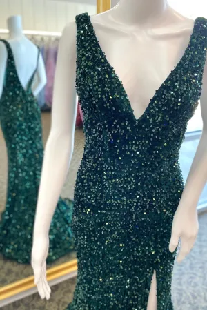 Dark Green Sequin V Neck Mermaid Long Prom Dress