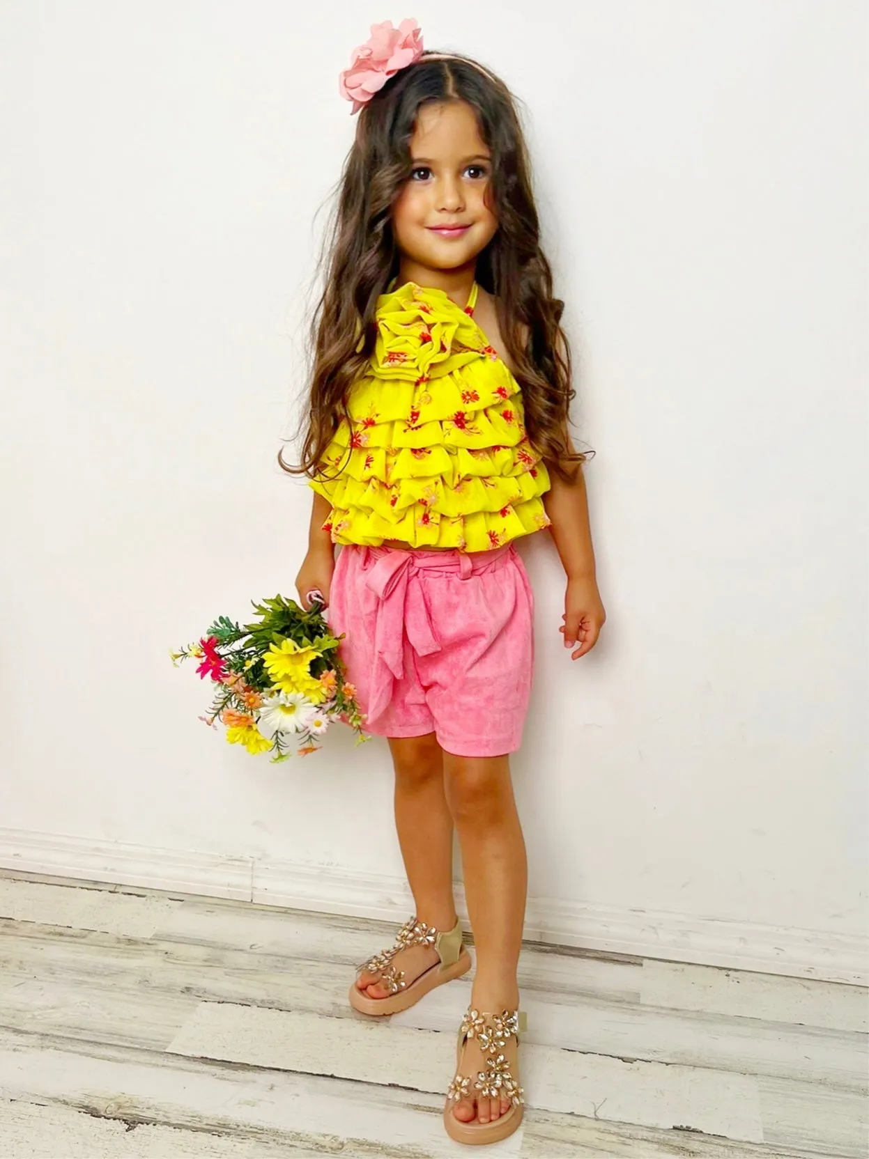Darling Blossom Yellow Rosette Top and Shorts Set