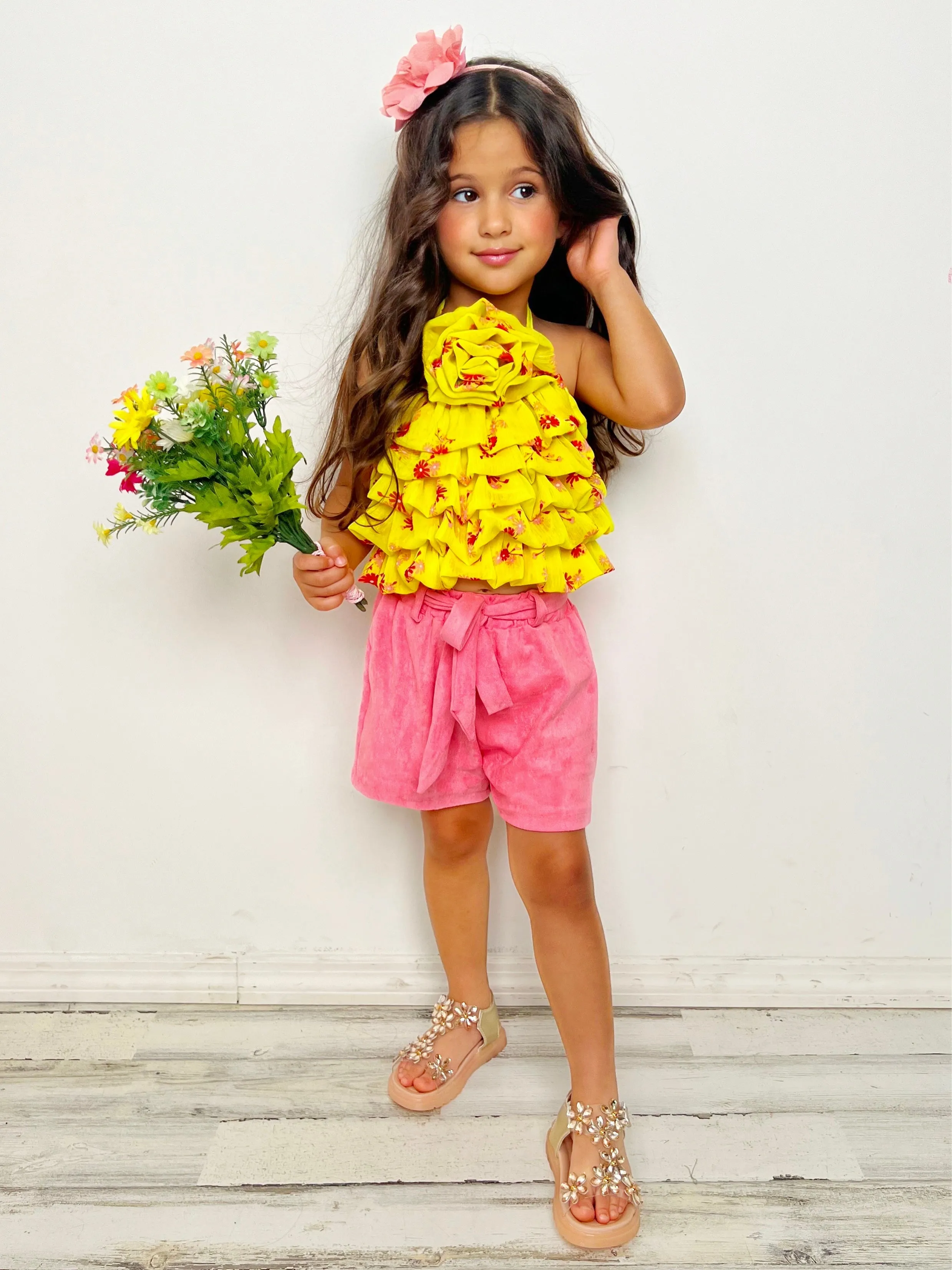 Darling Blossom Yellow Rosette Top and Shorts Set