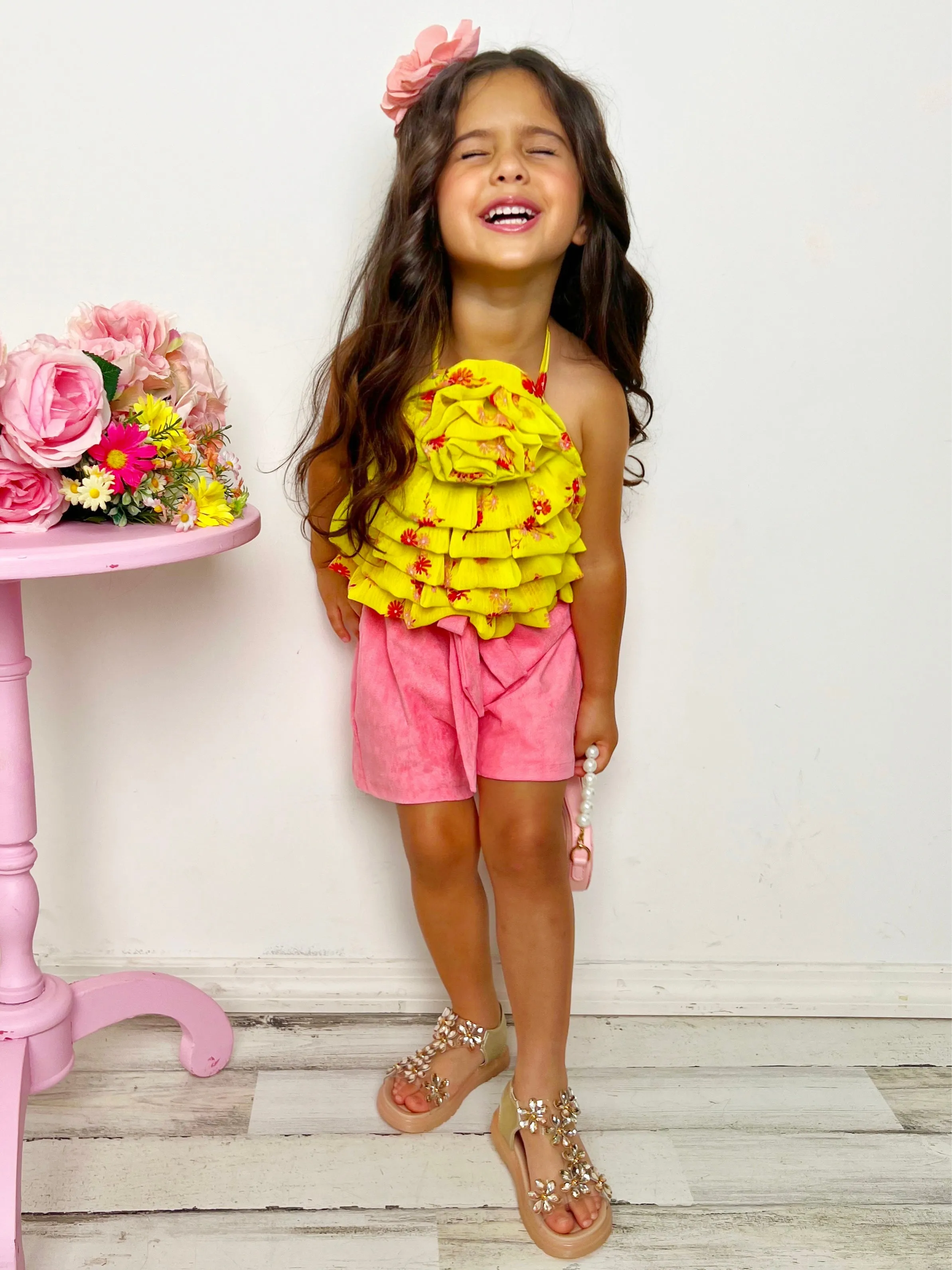 Darling Blossom Yellow Rosette Top and Shorts Set