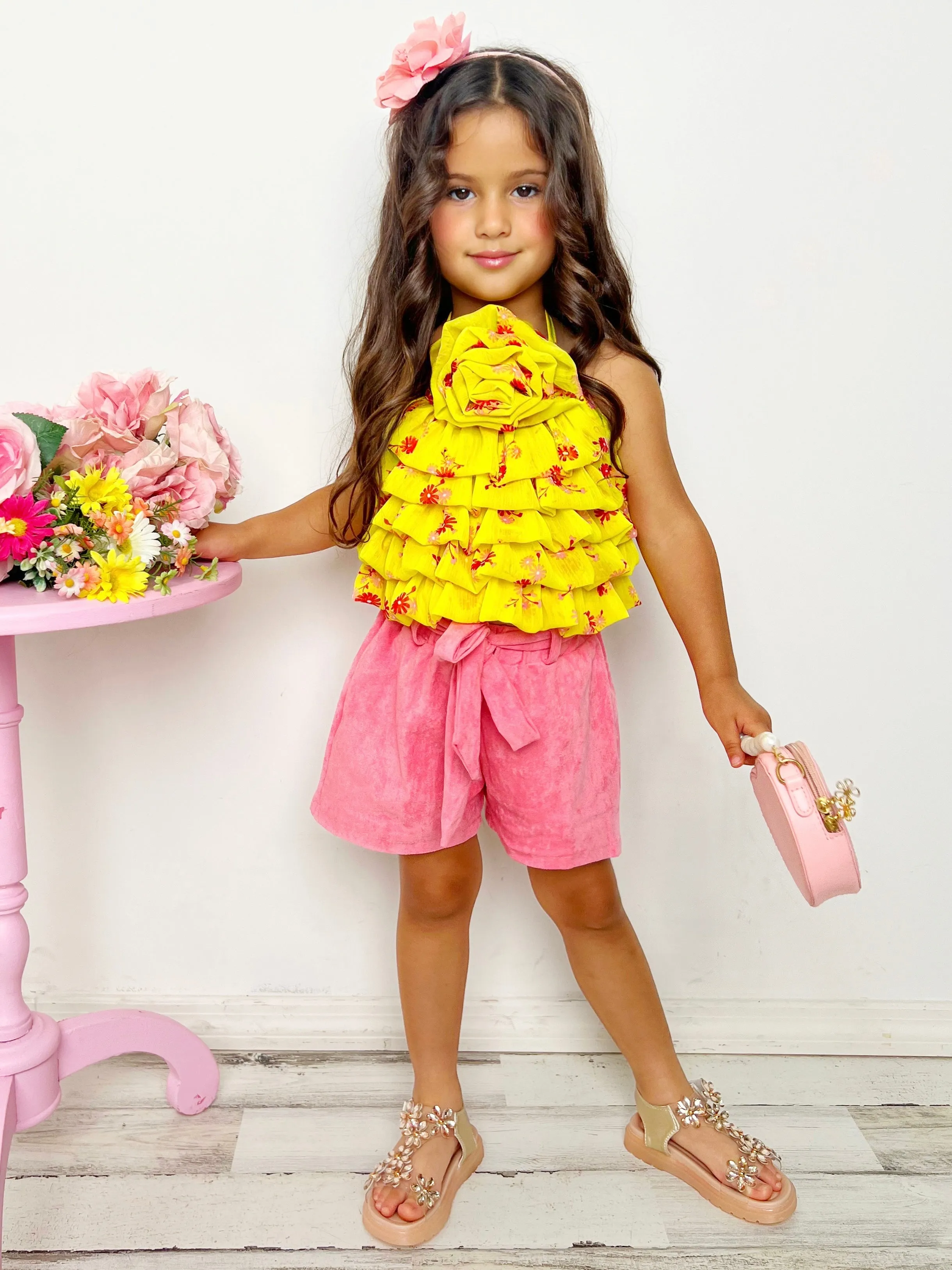 Darling Blossom Yellow Rosette Top and Shorts Set