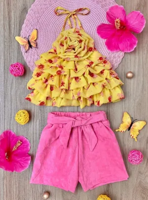Darling Blossom Yellow Rosette Top and Shorts Set