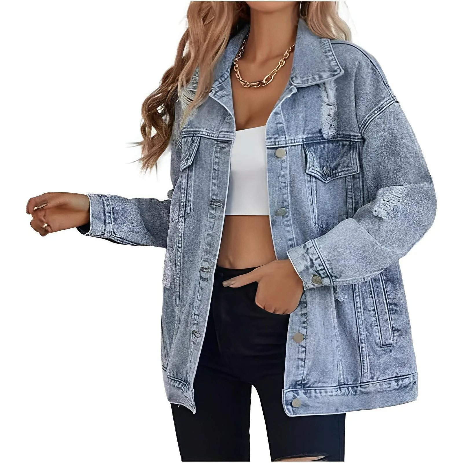Denim Jacket Boyfriend-Style Ripped Distressed