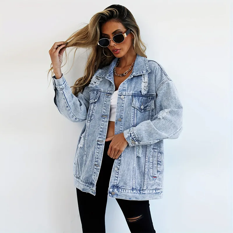 Denim Jacket Boyfriend-Style Ripped Distressed