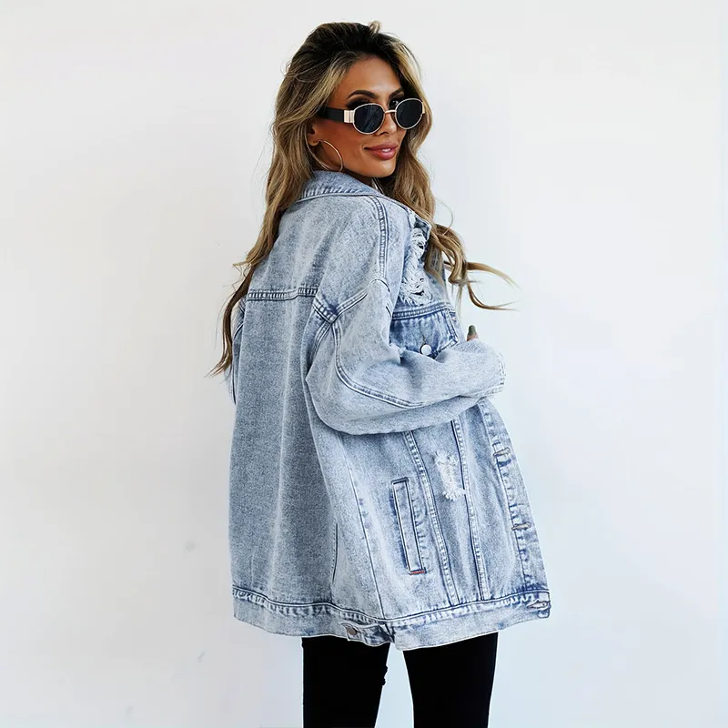 Denim Jacket Boyfriend-Style Ripped Distressed