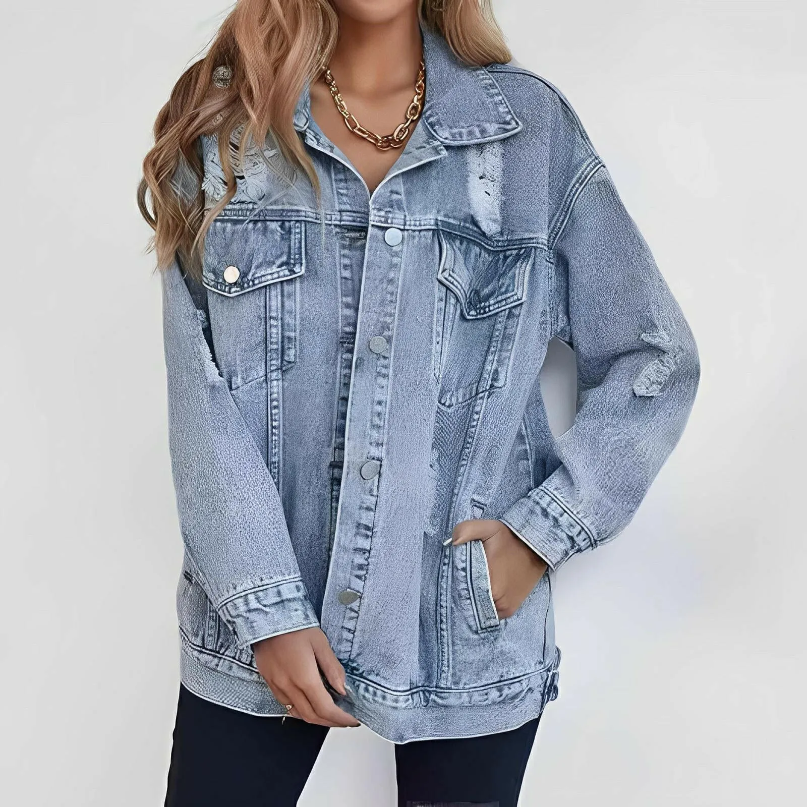 Denim Jacket Boyfriend-Style Ripped Distressed