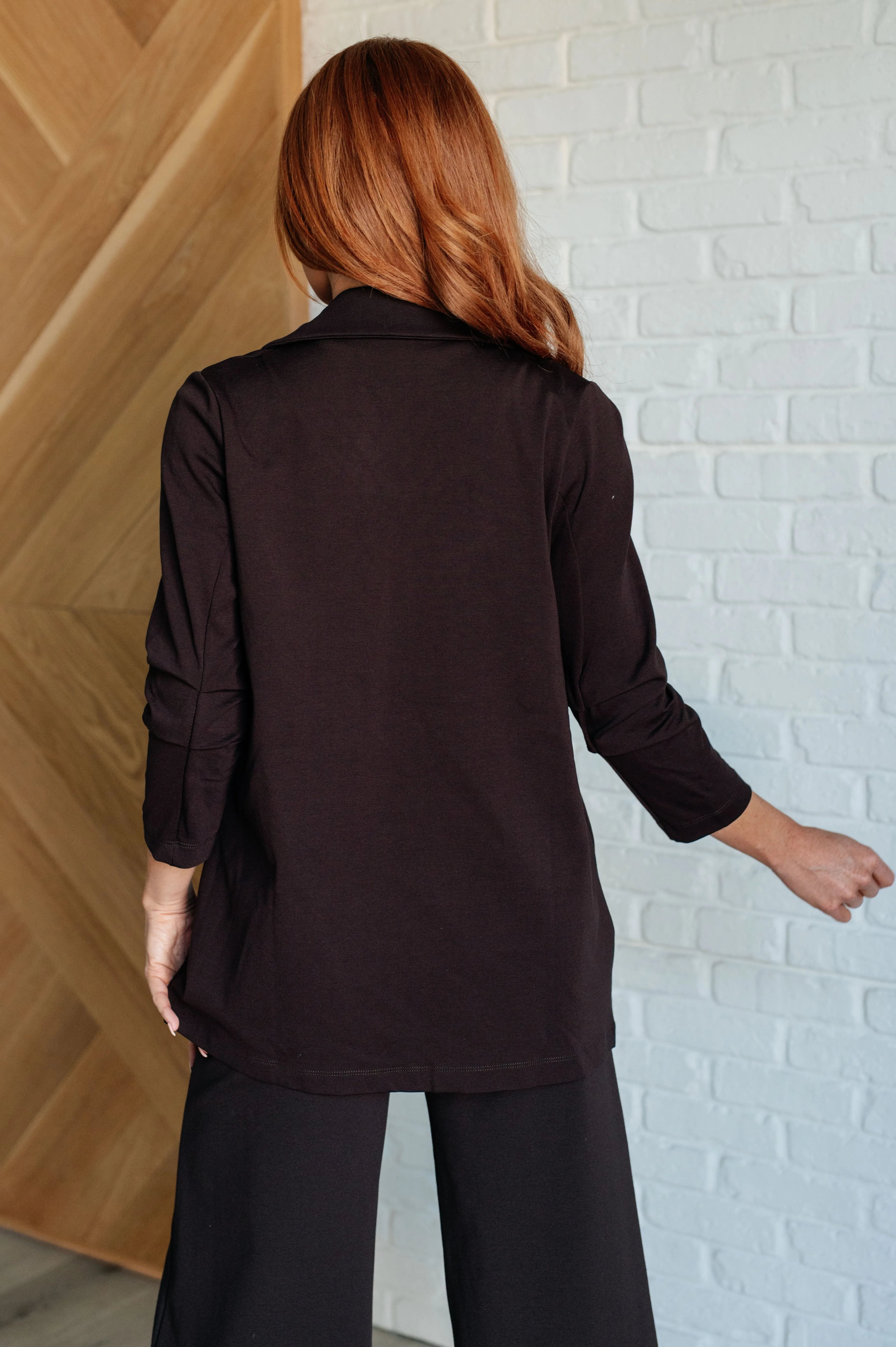 Devi Magic Blazer in Chocolate- Ruched Sleeves, Slim Fit, Ponte Knit