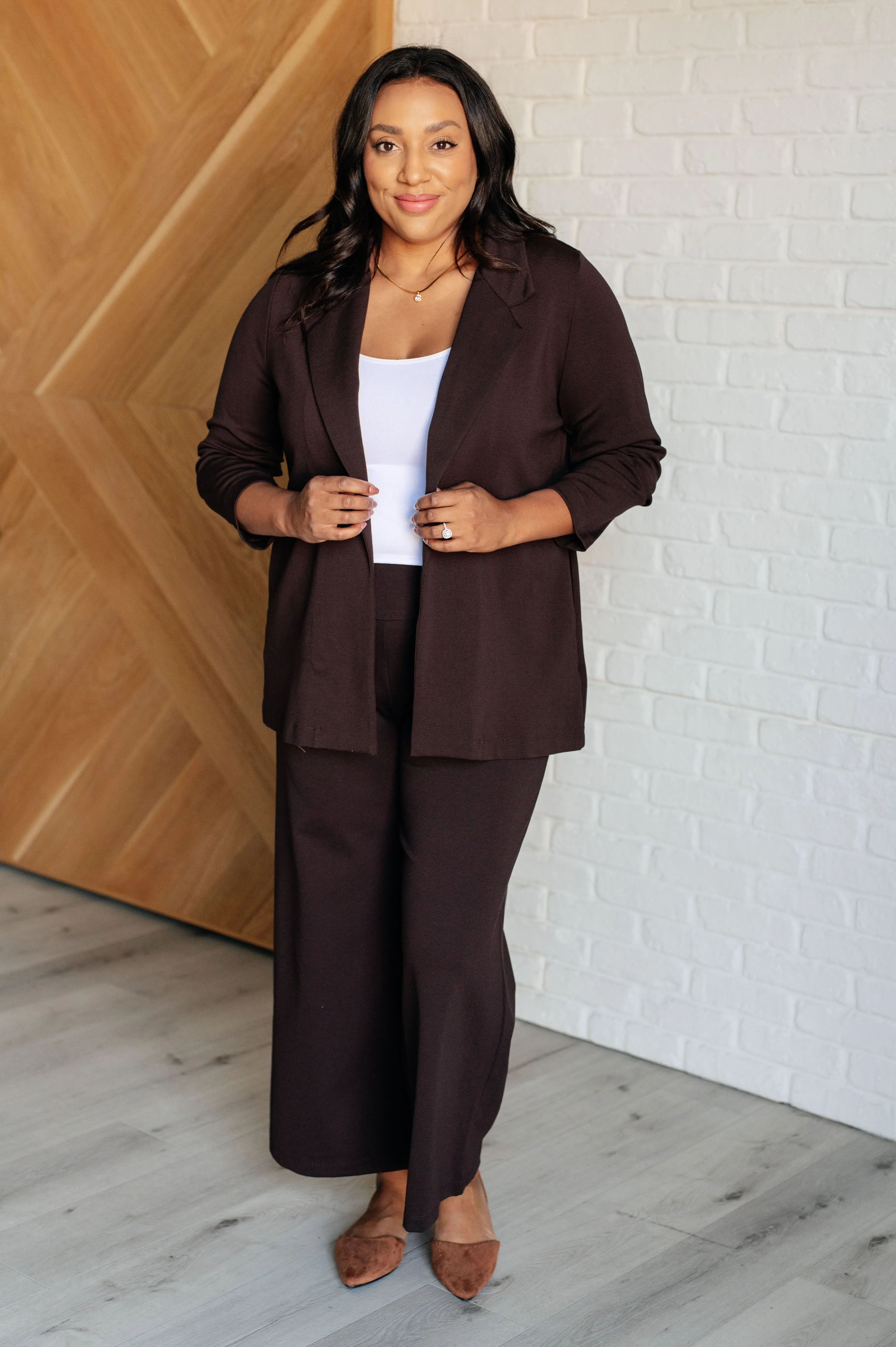 Devi Magic Blazer in Chocolate- Ruched Sleeves, Slim Fit, Ponte Knit