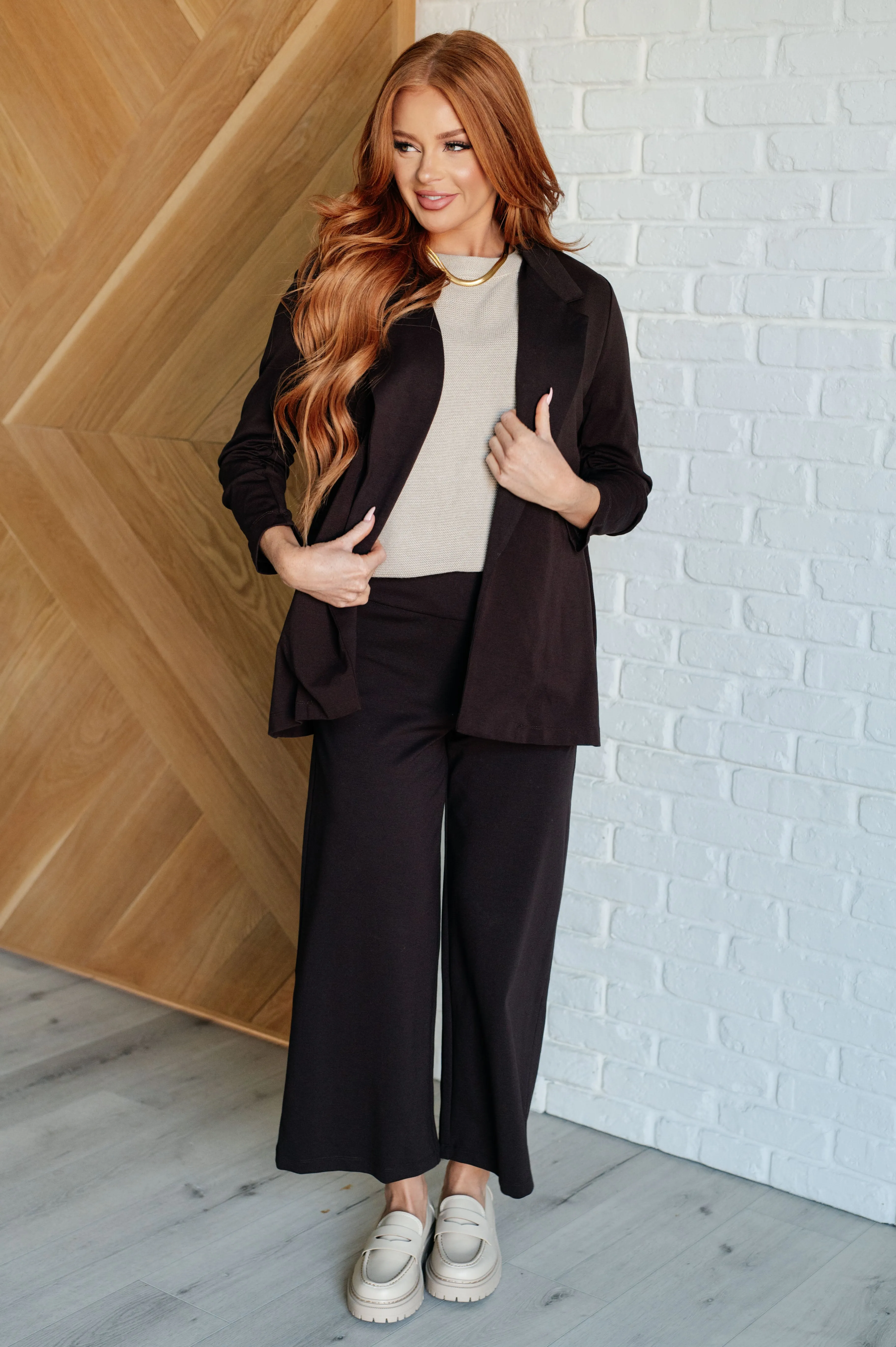 Devi Magic Blazer in Chocolate- Ruched Sleeves, Slim Fit, Ponte Knit