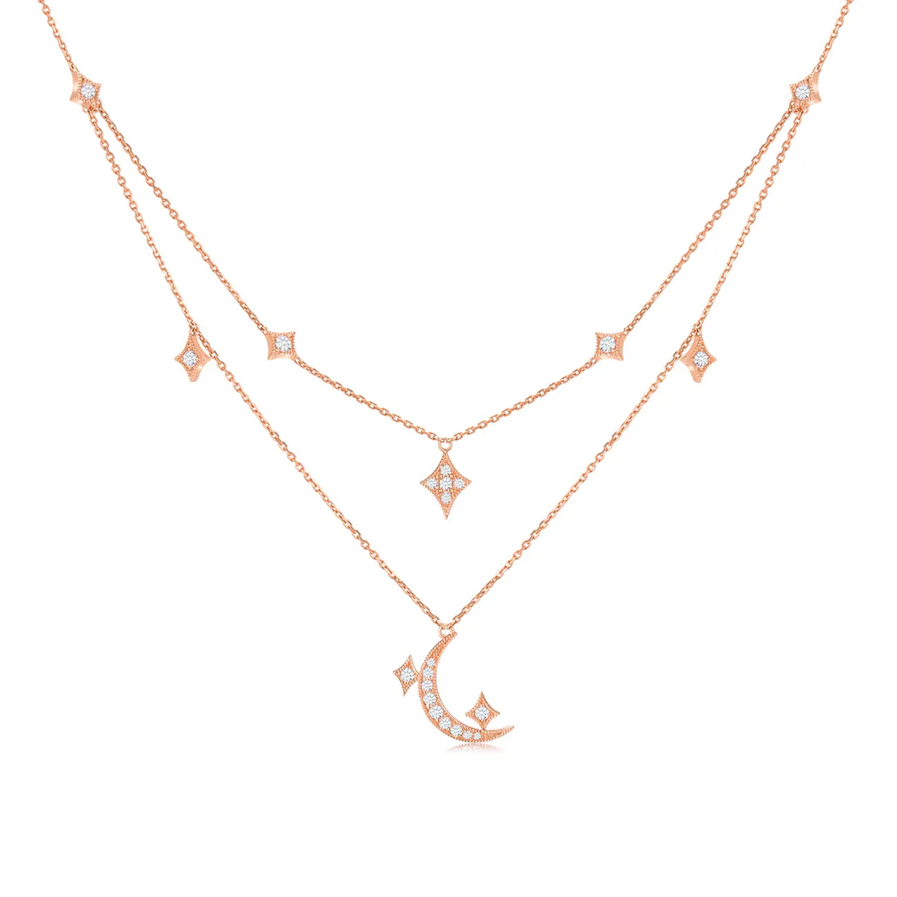 Diamond Moon and Star Multi-Layered Necklace
