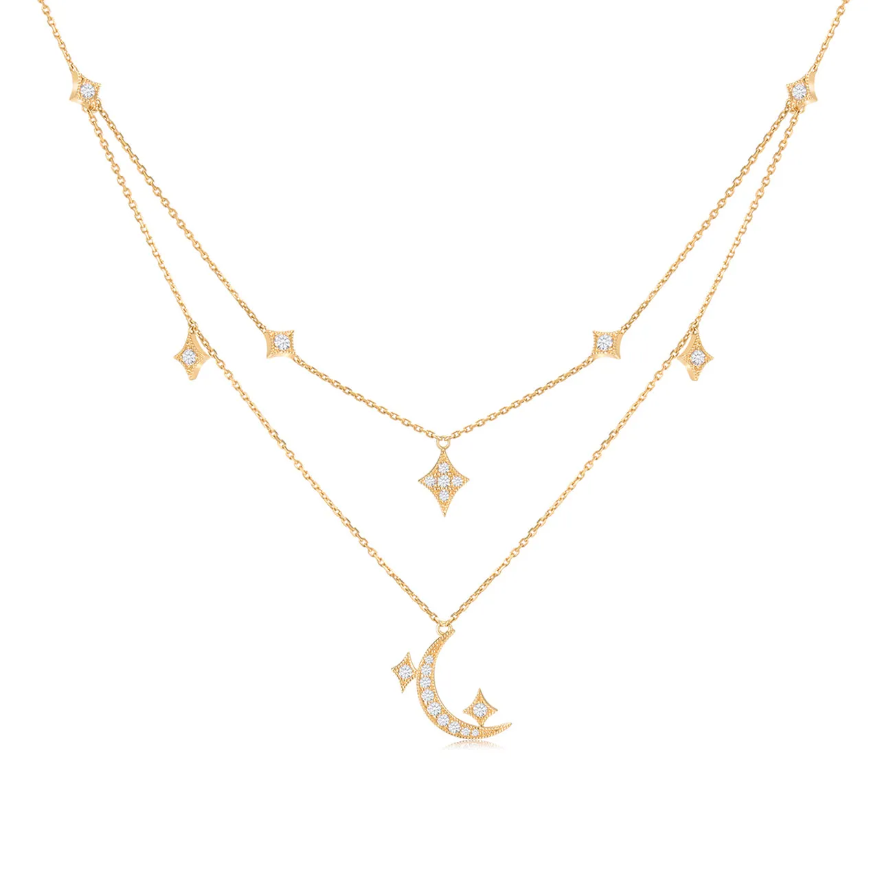Diamond Moon and Star Multi-Layered Necklace