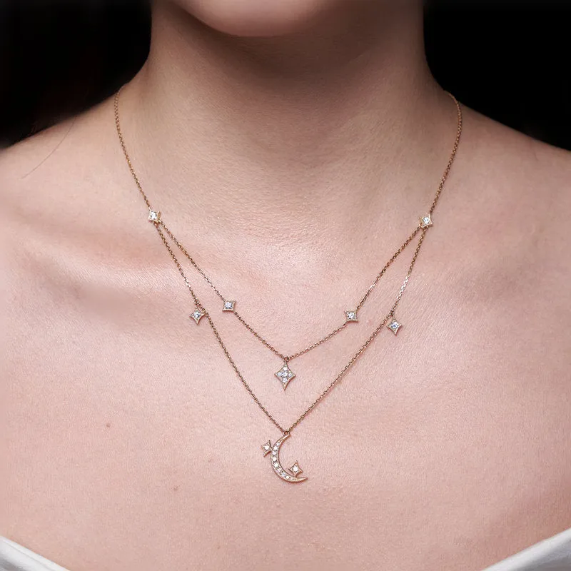 Diamond Moon and Star Multi-Layered Necklace