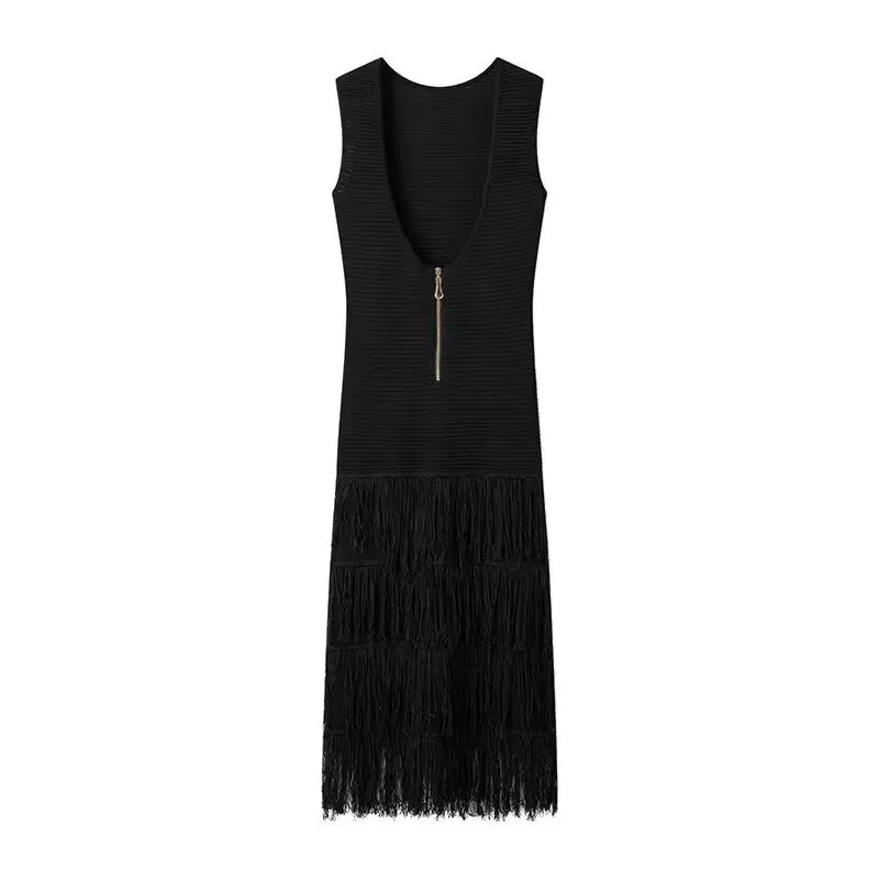 Doja Black Slim Fit Tassel Sleeveless Midi Dress