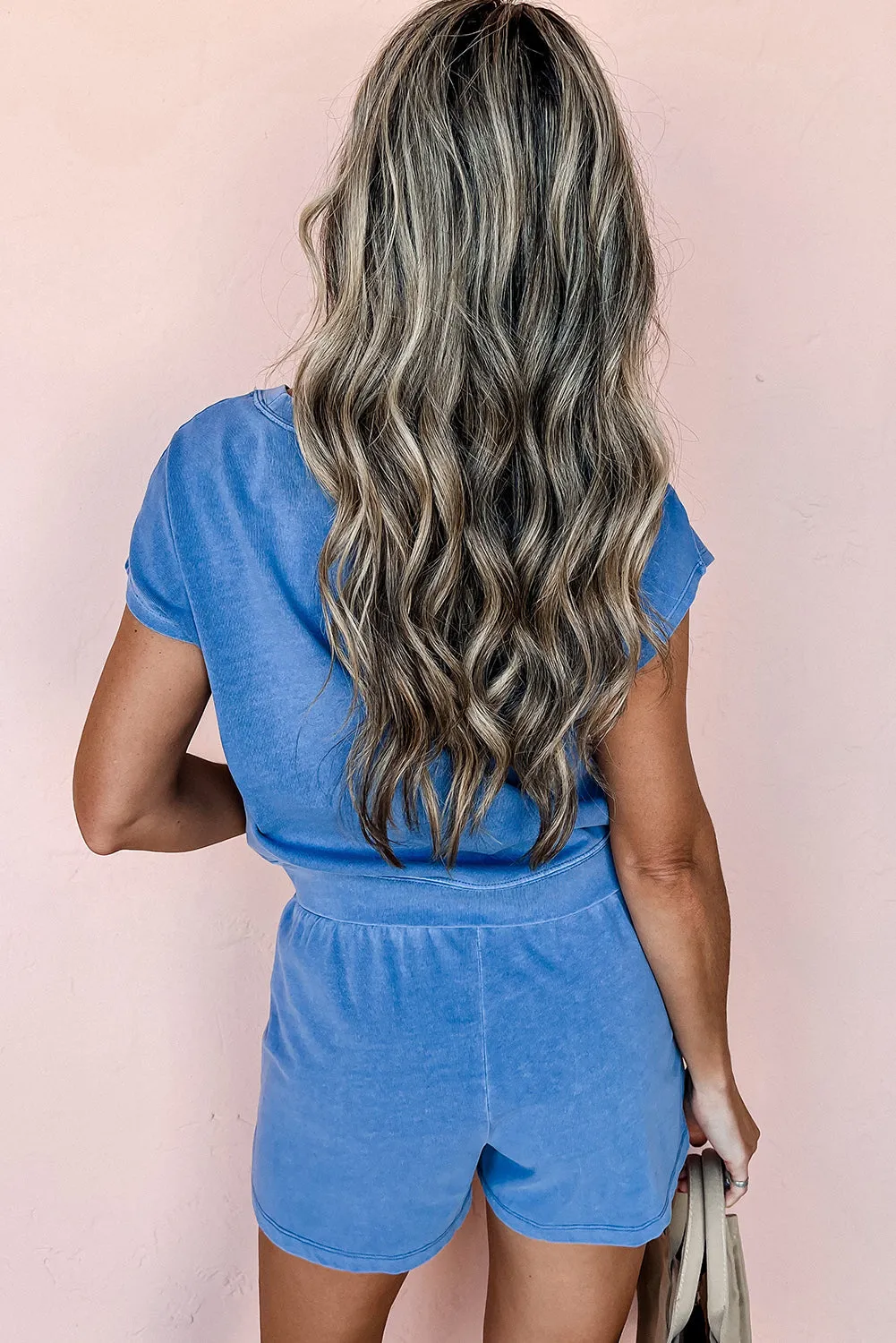 Dusk Blue Mineral Wash Tee Drawstring Shorts Set