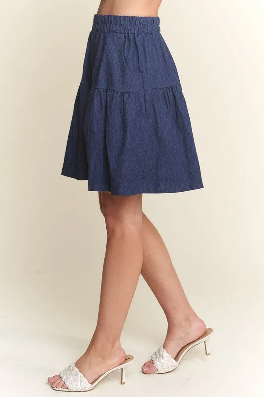 Elastic Waist Wide Leg Dark Navy Denim Shorts