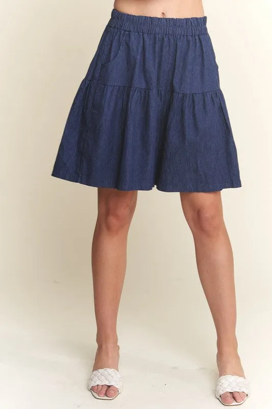 Elastic Waist Wide Leg Dark Navy Denim Shorts